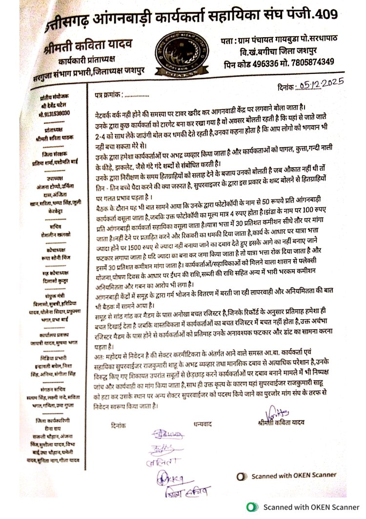 छत्तीसगढ़ आंगनबाड़ी कार्यकर्ता सहायिका संघ ने किया करमीटीकरा की सुपरवाइजर के विरुद्ध कलेक्टर और डीपीओ से नामजद शिकायत,लगाया गंभीर आरोप कहा करती है कार्यकर्ताओं को टारगेट, दुर्व्यवहार भेदभाव करने सहित सबूतों से छेड़छाड़ का भी गंभीर आरोप