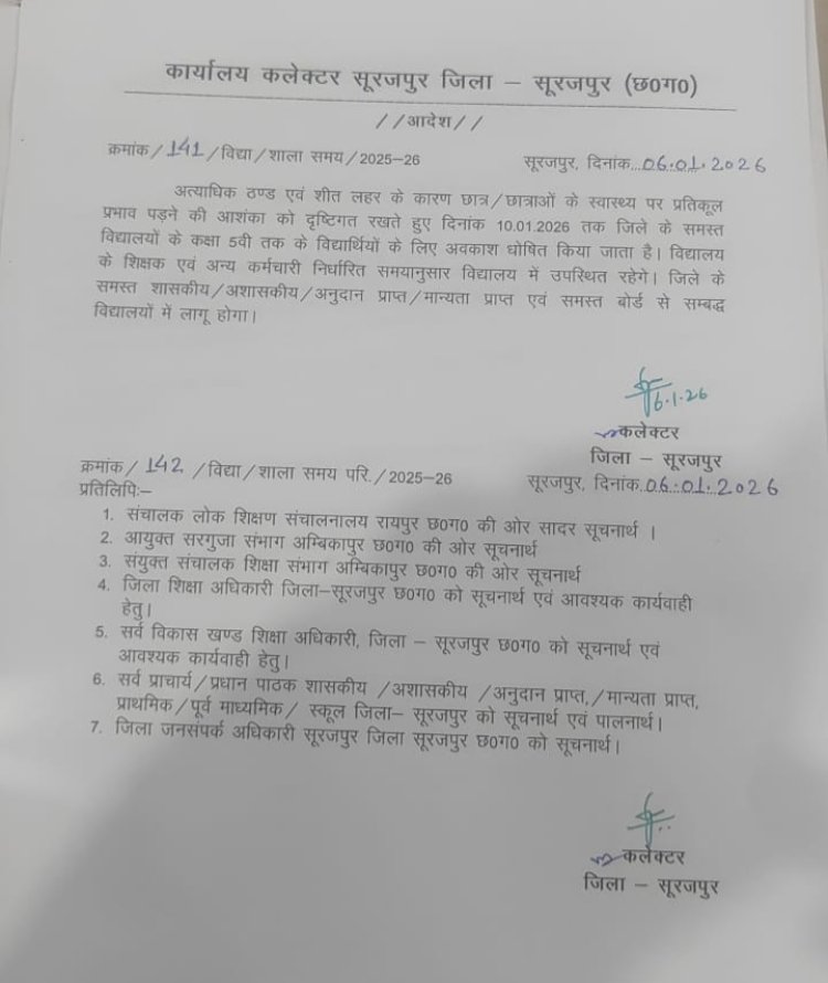 कक्षा 05 वीं तक के विद्यार्थियों के लिए 10 जनवरी तक की छुट्टी..